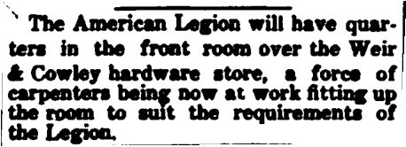 Legion Moves to room above Weir and Crowley Hardware