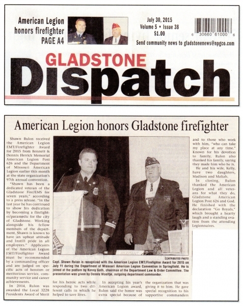 Gladstone Firefighter recognized by Department of Missouri