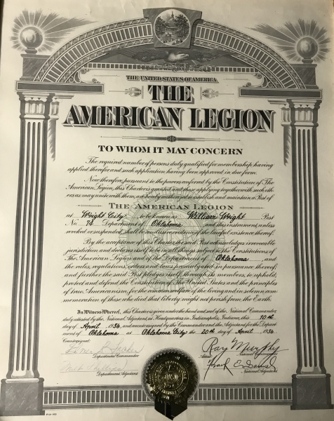 Official Charter of William Wright American Legion Post #74
