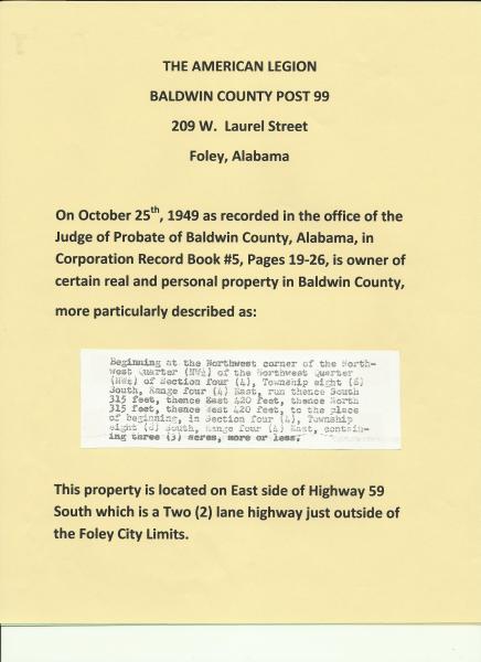 BALDWIN POST 99 ACQUIRES NEW PROPERTY ON HIGHWAY 59 SOUTH