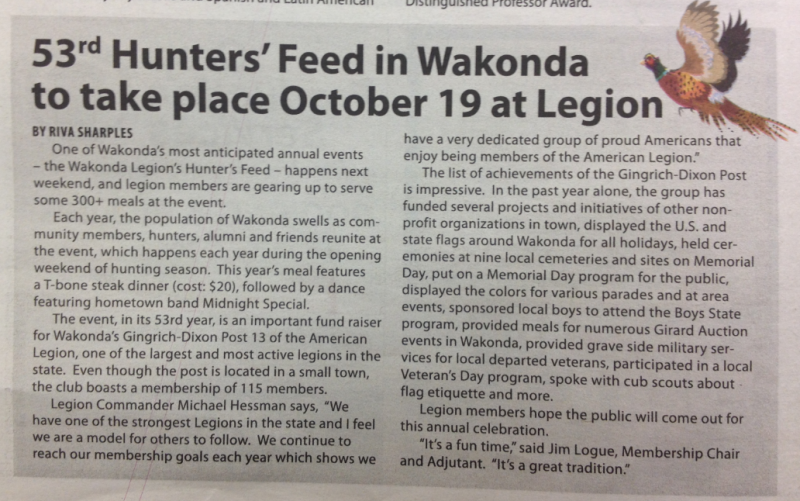 53rd Hunters' Feed in Wakonda to take place October 19 at Legion