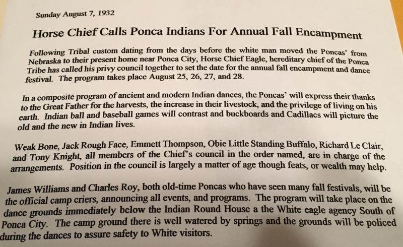 Horse Chief Calls Ponca Indians for Annual Fall Encampment