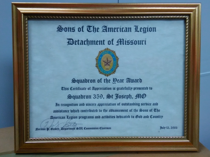 SAL Squadron 359 Named Squadron of The Year for Western Division Detachment of Missouri for 2003