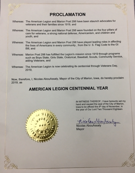 Marion Proclamation for Legion Centennial