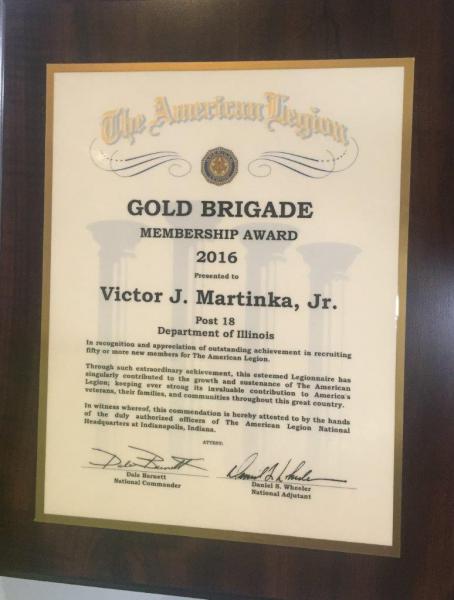 Victor J Martinka, Jr. Receives GOLD BRIGADE Membership Award 2016