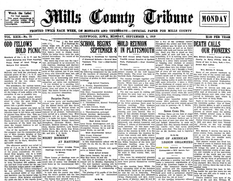 Mills County Tribune Reports Post Organized