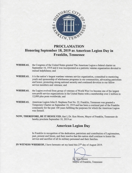 Proclamation for American Legion Day from Franklin Mayor