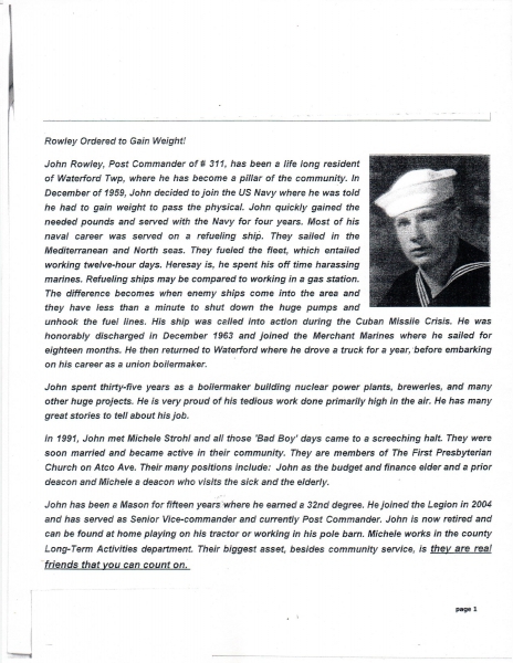 John Rowley Post Commander 311  US Navy - Cuban Missile Crisis