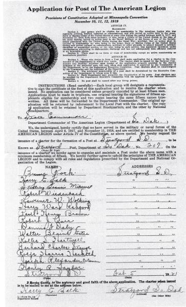 Application for Post of The American Legion