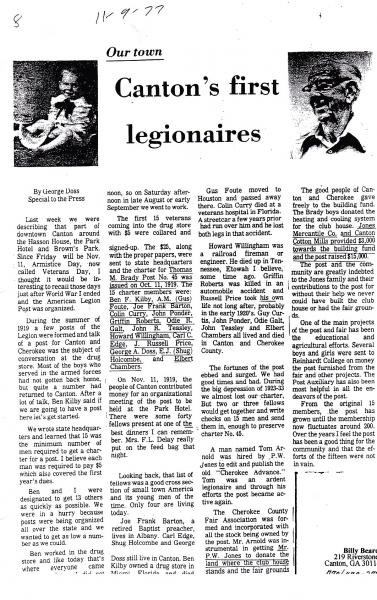 Cherokee Tribune Article about Canton's First Legionnaires