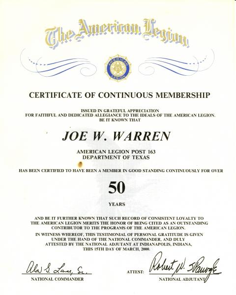 Certificate of Continuous Membership