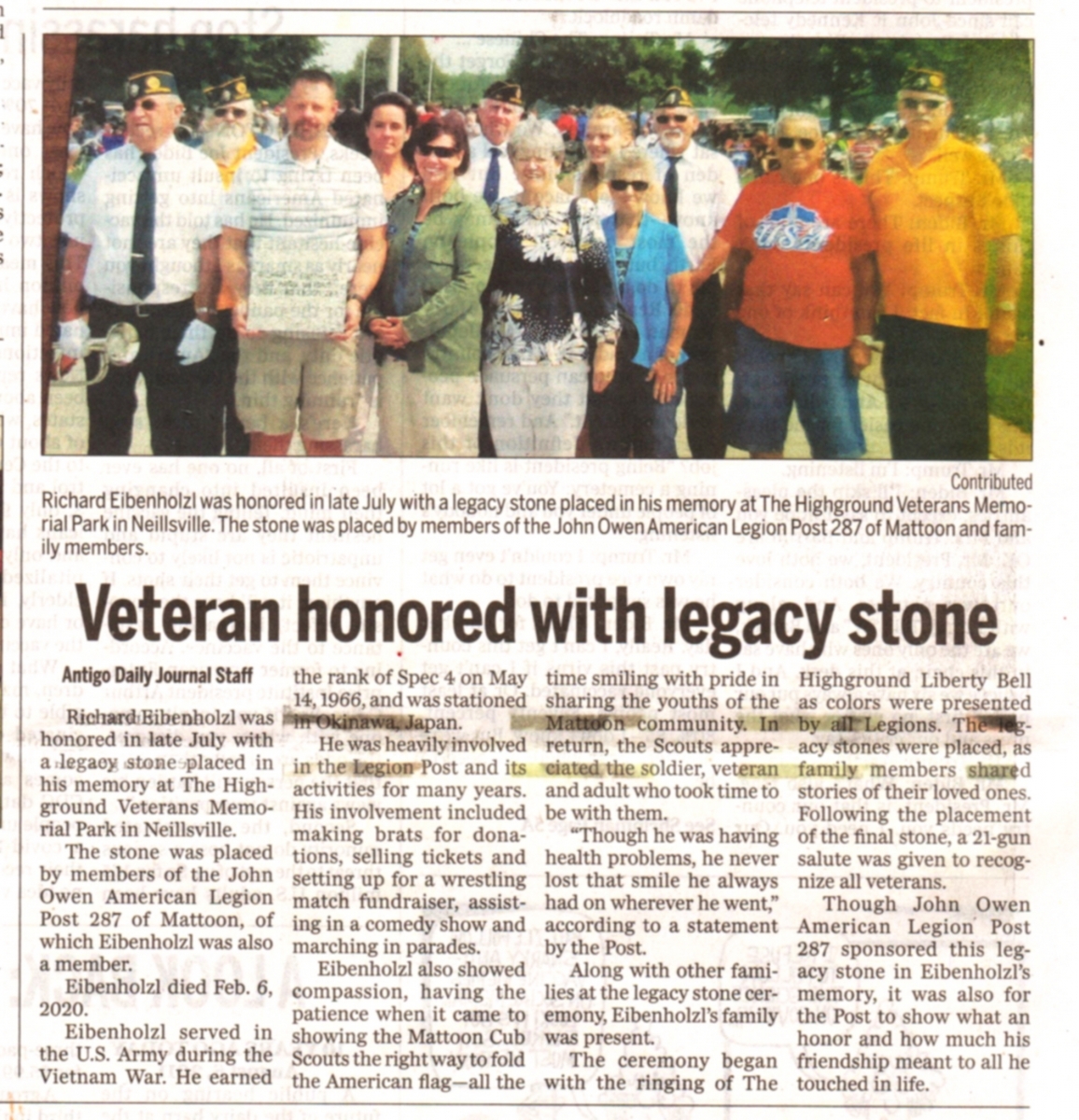 Legacy Stone for Richard Eibenholzl at Highgrounds, Neillsville, Wisconsin