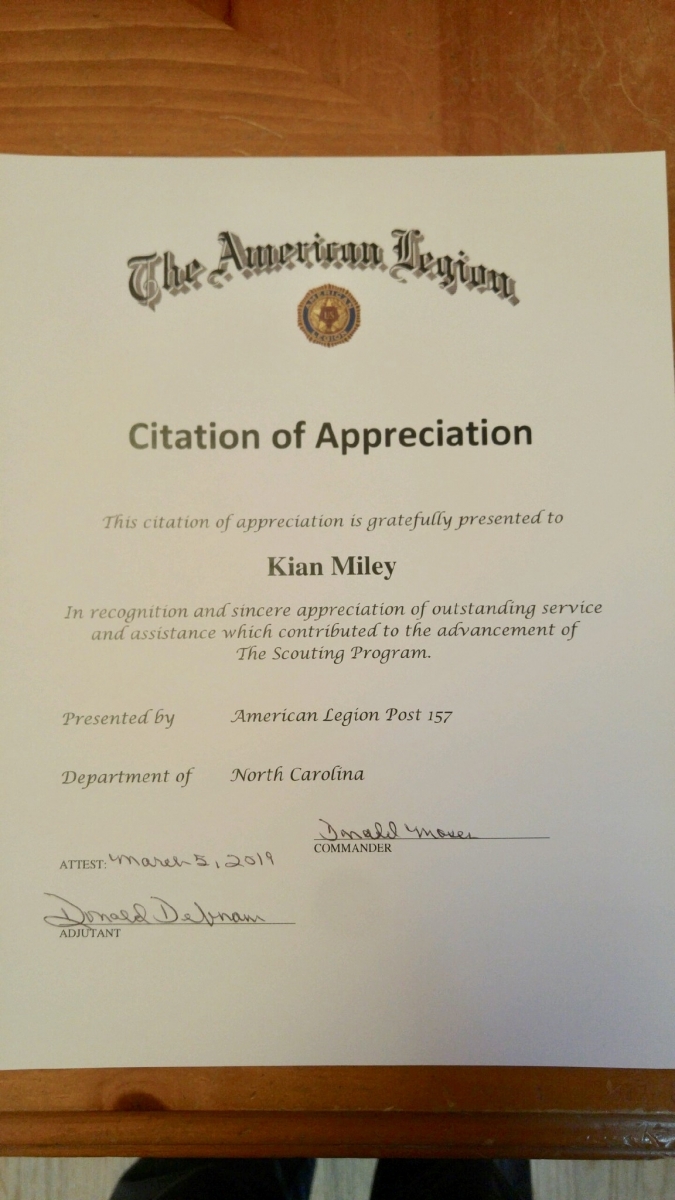 The Boy Scouts of Troop 392 received The American Legion Citation of Appreciation at their meeting on March 5, 2019.