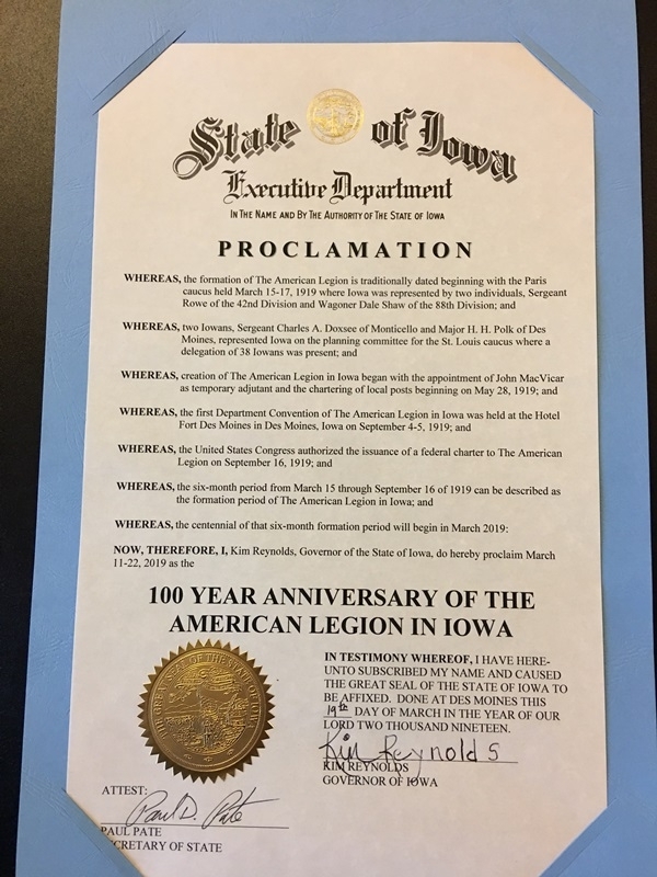 Gov. Reynolds signs 100 Years of American Legion in Iowa Proclamation