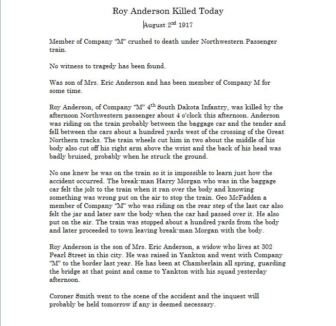 Roy Anderson Killed Today Obituary Aug2nd, 1917