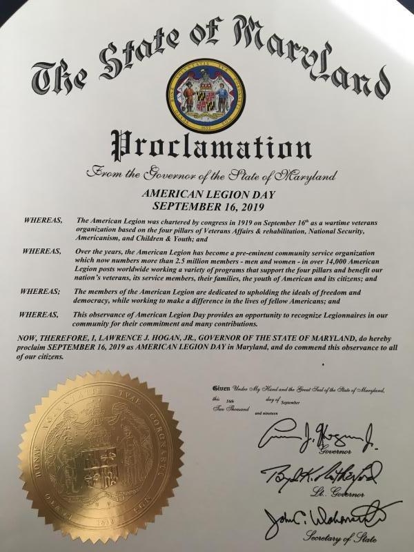 Francis Scott Key Post 11 and Maryland governor declare Sept. 16, 2019, American Legion Day 
