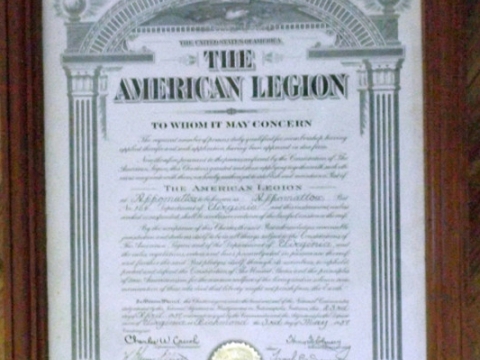 Post 104 Charter hanging in the Post Home.