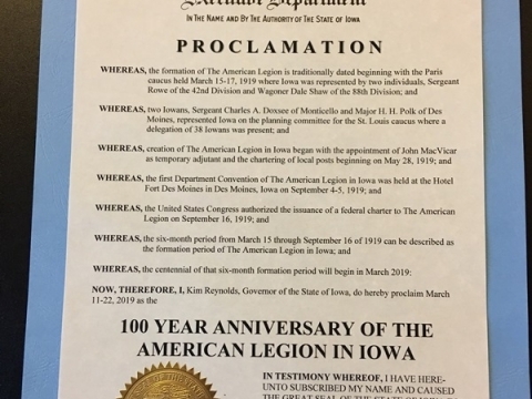 Gov. Reynolds signs 100 Years of American Legion in Iowa Proclamation