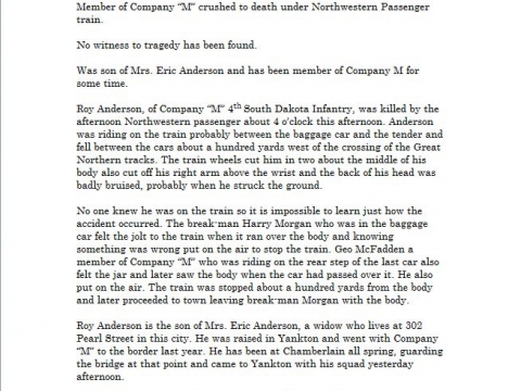 Roy Anderson Killed Today Obituary Aug2nd, 1917